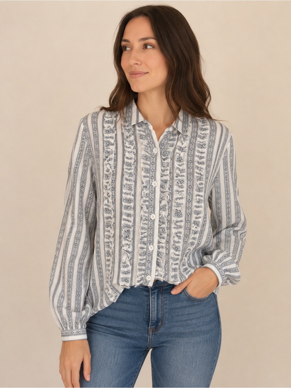 NWT Resistol Striped Western Ruffle Trim Shirt Women’s Sz L Cotton Rodeo